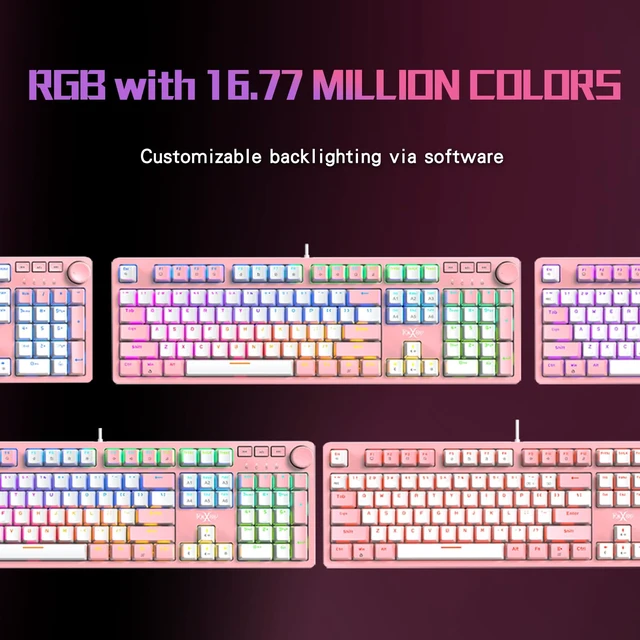 Alt view image 7 of 7 - FOXXRAY HKM-95 Wired Mechanical Gaming Keyboard, Full-Size RGB Backlit with Media Control Knob, Standard Clicky Blue Switches, USB Plug and Play for PC/Mac/Windows - Pink & White