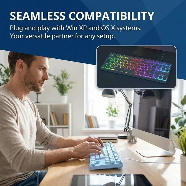 Alt view image 2 of 6 - Anu Limen 87-Key Round Mechanical Gaming Keyboard Ergonomic Wired USB Keyboard with Colorful Backlit for PC & Laptop,Compact Design 14x5.12x1.38 in(Blue)