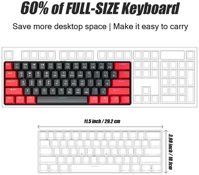 Alt view image 3 of 5 - abucow 60% Mechanical Gaming Keyboard Black Switch Wired Compact Keyboard Anti-Ghosting No-Conflict 61 Swappable keycaps Ergonomic Design for Windows/Mac (Red-Black)