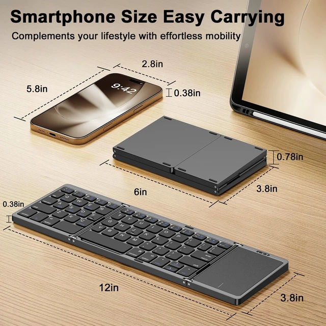 Alt view image 4 of 6 - avakot Foldable Bluetooth Keyboard with Built-in Touchpad, Black | Slim Portable Travel Design, Rechargeable, Full-Size Keys, Compatible with iOS Android Windows PC Laptop