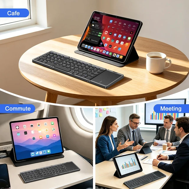 Alt view image 6 of 6 - avakot Foldable Bluetooth Keyboard with Built-in Touchpad, Black | Slim Portable Travel Design, Rechargeable, Full-Size Keys, Compatible with iOS Android Windows PC Laptop