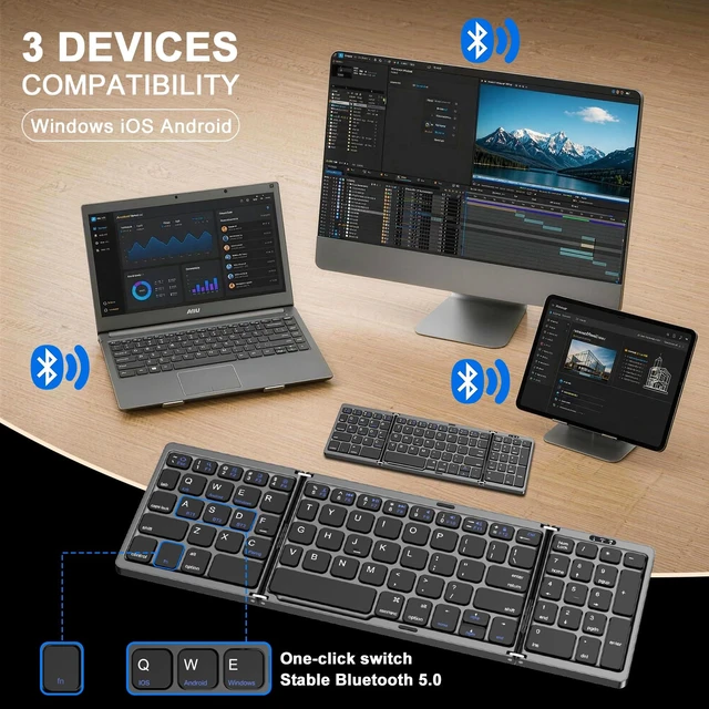 Alt view image 2 of 7 - avakot Full Size Foldable Travel Keyboard with Numeric Keypad, Black | Support Bluetooth 3-Device Connection, USB-C Charging, Travel & Office Use, Works with iOS Android Windows Mac Devices
