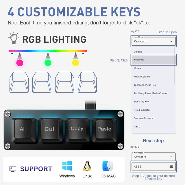Alt view image 6 of 7 - Mini 4-Key Copy Paste Programmable Keyboard Hotswappable Mechanical Switch | For Rhythm Games Mini RGB Gaming Keypad for Customized Macros Office Work Shortcut Keys