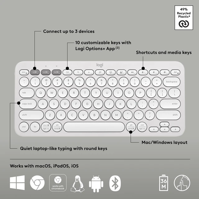 Alt view image 6 of 7 - Logitech Pebble Keys 2 K380s Wireless Bluetooth Keyboard - Tonal White | Slim portable compact Bluetooth keyboard, customizable keys, switch between 3 paired devices with Easy-Switch buttons.