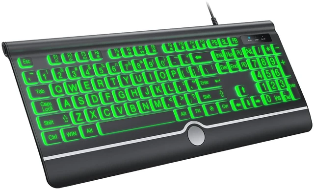 Main image of KOPJIPPOM USB Wired Keyboard with Large Print Backlit Keys, 7 Color LED Backlight, Ergonomic Wrist Rest, Spill-Resistant Design, Full-Size Computer Keyboard with Number Pad for PC Desktop Laptop