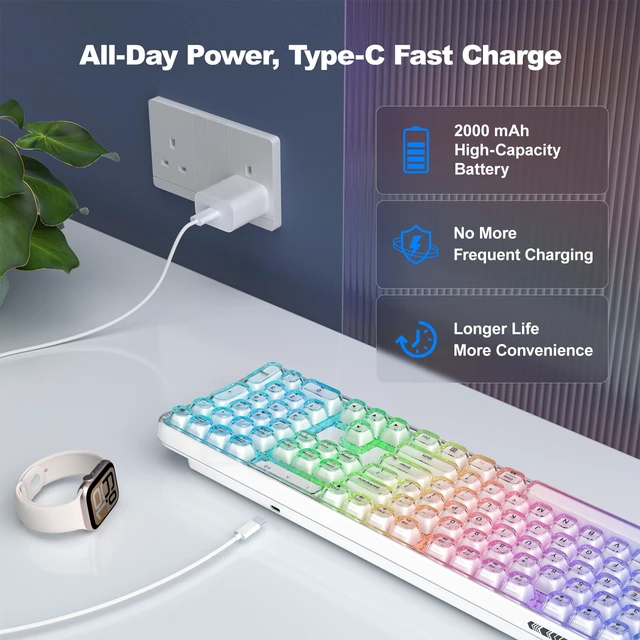 Alt view image 5 of 7 - Clear Wireless Keyboard, Tri-Mode Bluetooth/2.4G Rechargeable Keyboard with RGB Backlit, Ergonomic Computer Keyboard with Transparent Keycaps for PC Laptop Desktop Home Office