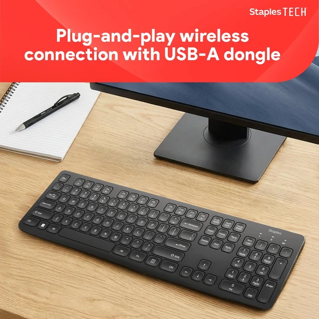 Alt view image 2 of 7 - Staples TECH Slim Wireless Keyboard, FullSize 104Key, Quiet Scissor Keys, USB Receiver, Black