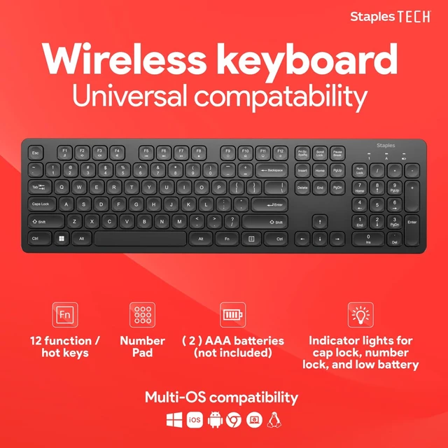Alt view image 3 of 7 - Staples TECH Slim Wireless Keyboard, FullSize 104Key, Quiet Scissor Keys, USB Receiver, Black