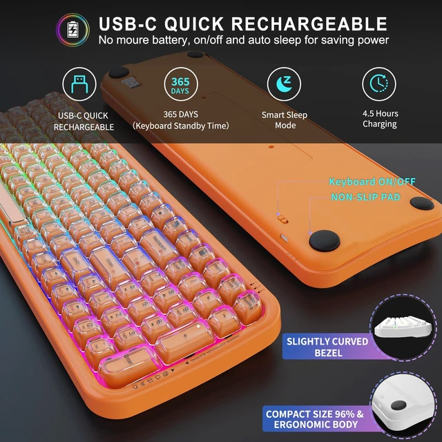 Alt view image 5 of 6 - FOPETT Wireless Keyboard, 3 Modes 2.4G/USB/Bluetooth 100 Keys RGB Gaming Keyboard Wireless, w/No-Lag Connection, Keyboards for PC/Win/Mac Gamers, Transparent Orange