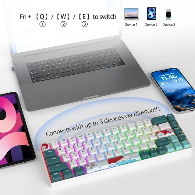Alt view image 6 of 7 - Ussixchare Wireless Gaming Keyboard, 65% Hot Swappable Mechanical Keyboard with RGB Backlit, Yellow Switch, PBT Keycaps Tri-Mode 2.4G/Bluetooth 5.0/Type-C for PC Laptop Gamer(68 Forest)