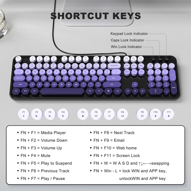 Alt view image 6 of 7 - MOFII Computer Keyboard Wired,Round Key Retro Typewriter Keyboard Full Size | USB Plug and Play, for Laptop, PC, Desktop, Windows (Black Purple Gradient Color)