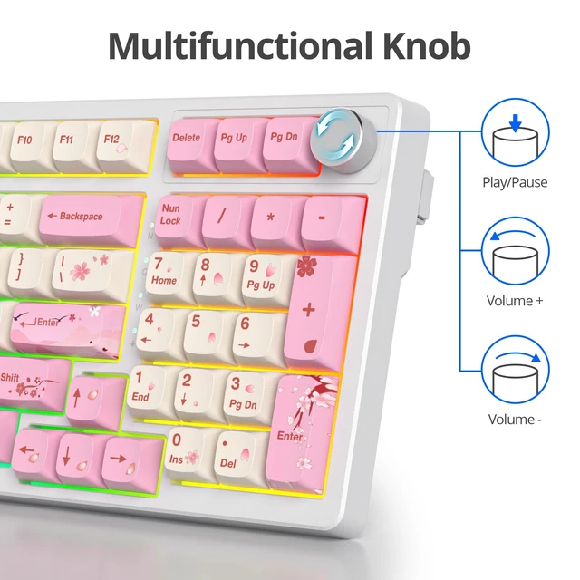 Alt view image 5 of 7 - SbocKeeb 96% Wired Mechanical Gaming Keyboard,Gasket Structure RGB Backlit Keyboard,98 Key Hot Swappable Keyboard with Control Knob,NKRO Compact Keyboards with Number Pad for Win/Mac(98 Flower)