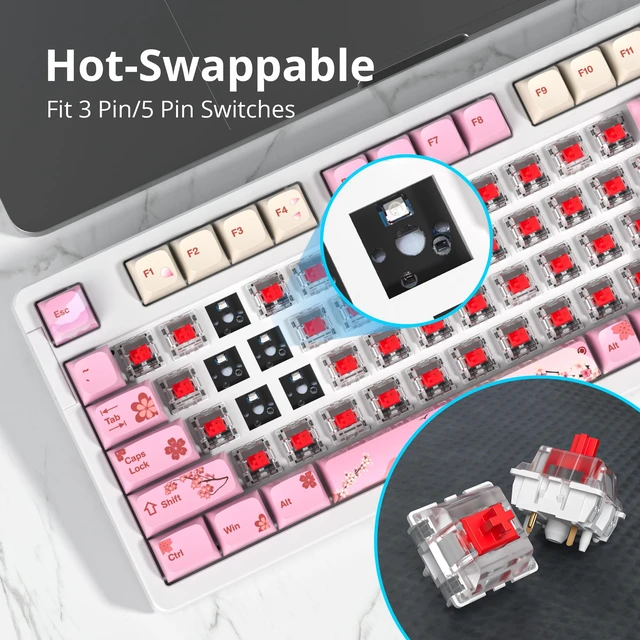 Alt view image 3 of 7 - SbocKeeb 96% Wired Mechanical Gaming Keyboard,Gasket Structure RGB Backlit Keyboard,98 Key Hot Swappable Keyboard with Control Knob,NKRO Compact Keyboards with Number Pad for Win/Mac(98 Flower)