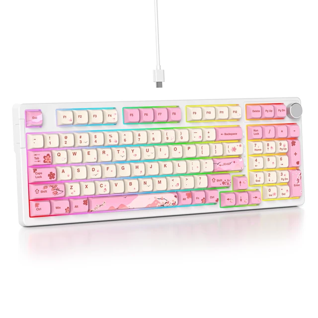 Alt view image 7 of 7 - SbocKeeb 96% Wired Mechanical Gaming Keyboard,Gasket Structure RGB Backlit Keyboard,98 Key Hot Swappable Keyboard with Control Knob,NKRO Compact Keyboards with Number Pad for Win/Mac(98 Flower)