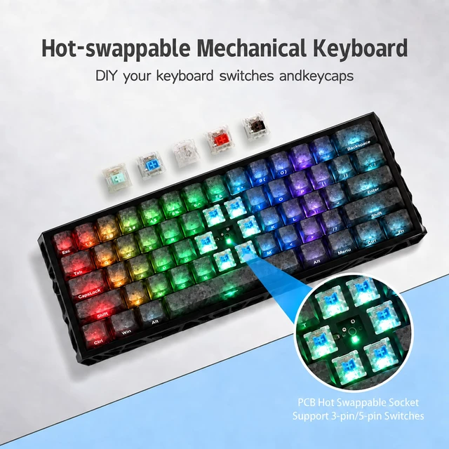 Alt view image 4 of 6 - K KAVLORN 60% Mechanical Gaming Keyboard Wired, Hot Swappable Blue Switch, RGB Backlit, 61 Key Compact Keyboard with Hollow Shell, Programmable, Ergonomic Design for PC,Mac,Office, Gaming