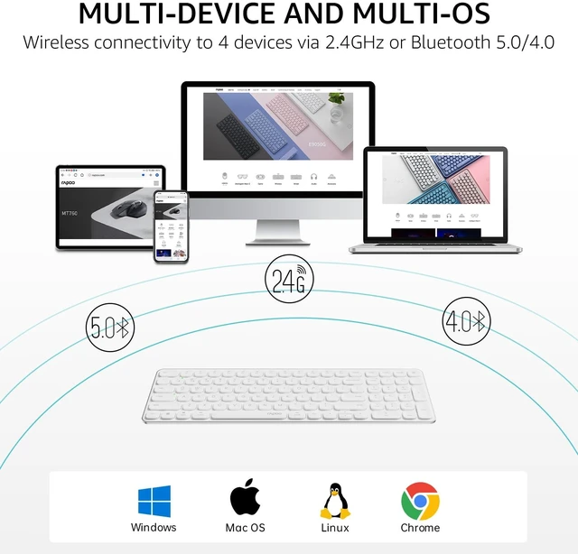 Alt view image 2 of 7 - Rapoo E9310M Wireless Keyboard for Mac/iPad/PC, Multi-Device Bluetooth Keyboard with Number Pad, Low-Profile, Quiet Typing, 99-Key, Battery Powered, Support 4 Devices for Windows, Linux, Chrome, Mac