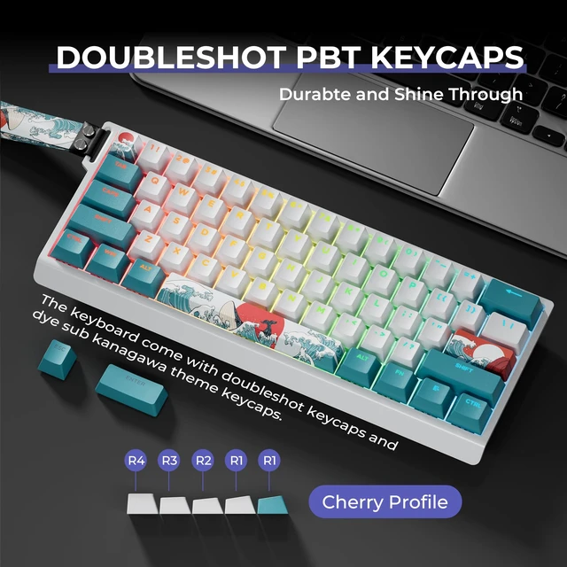 Alt view image 4 of 7 - HITIME x XVX 60% Percent Keyboard with Strap, H61 Wired Aluminum Gaming Keyboard, Hot Swappable, Kanagawa Anime PBT Keycaps, RGB Backlit, Cherry Profile, Sound Absorbing Pads, Creamy Linear Switch