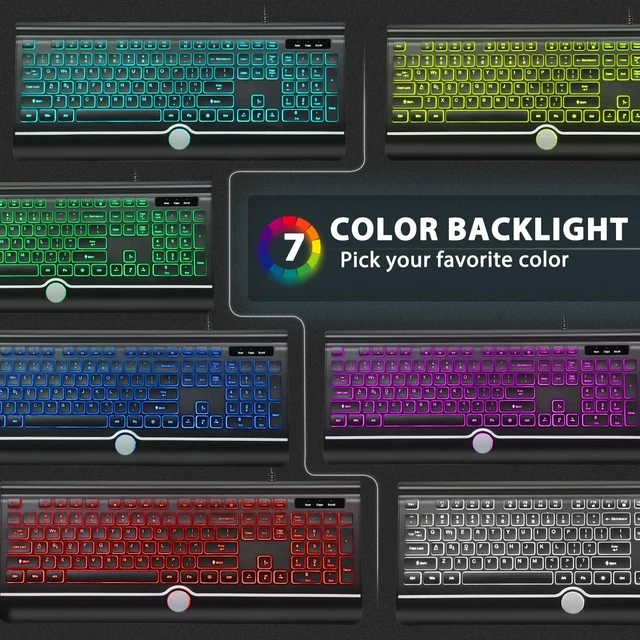 Alt view image 3 of 7 - HeengYanson Backlit Computer Keyboards, Wired Light Up Keyboards with 7-Color Backlit, USB Lighted Keyboard Easy to See and Type, Corded Full-Size Keyboard for Windows Desktop, Laptop, PC