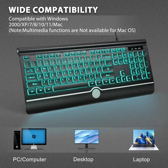 Alt view image 6 of 7 - HeengYanson Backlit Computer Keyboards, Wired Light Up Keyboards with 7-Color Backlit, USB Lighted Keyboard Easy to See and Type, Corded Full-Size Keyboard for Windows Desktop, Laptop, PC