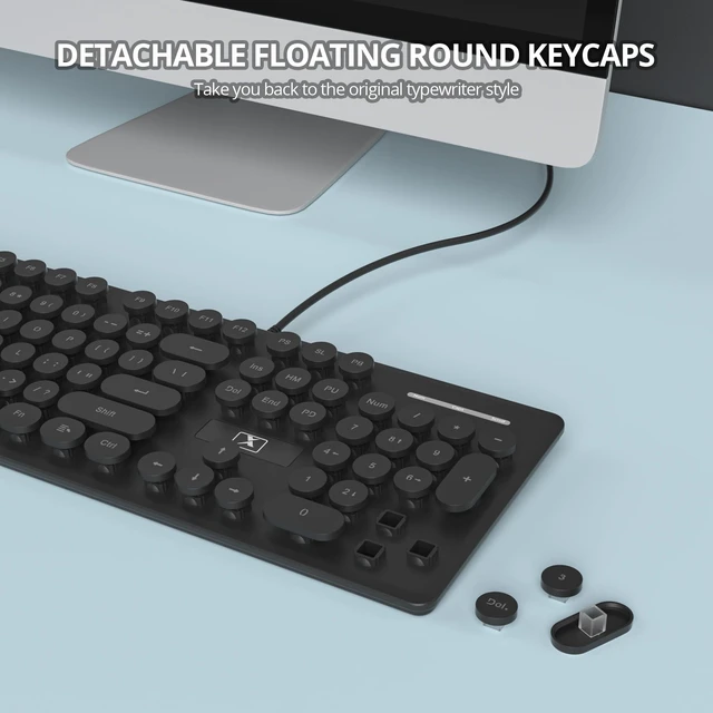 Alt view image 5 of 6 - Vumilstek Wired Retro Typewriter Keyboard, Quiet Computer Keyboard Light up with Full Size 104 Round Keys Blue LED Backlit Slim Silent for Windows PC Laptop(Black)