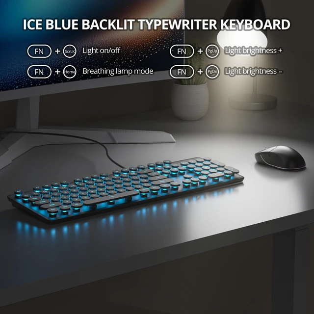 Alt view image 4 of 6 - Vumilstek Wired Retro Typewriter Keyboard, Quiet Computer Keyboard Light up with Full Size 104 Round Keys Blue LED Backlit Slim Silent for Windows PC Laptop(Black)