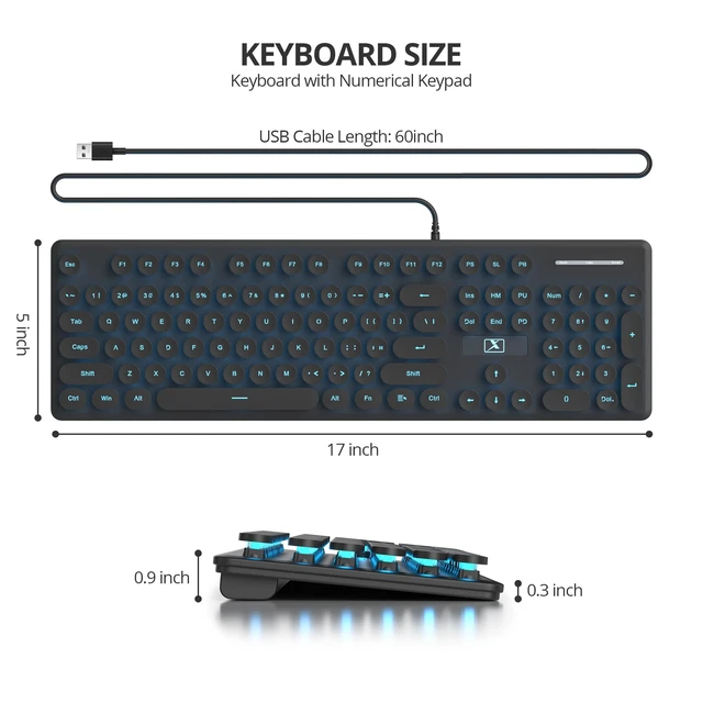 Alt view image 6 of 6 - Vumilstek Wired Retro Typewriter Keyboard, Quiet Computer Keyboard Light up with Full Size 104 Round Keys Blue LED Backlit Slim Silent for Windows PC Laptop(Black)