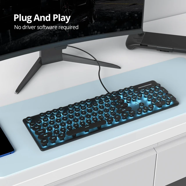 Alt view image 3 of 6 - Vumilstek Wired Retro Typewriter Keyboard, Quiet Computer Keyboard Light up with Full Size 104 Round Keys Blue LED Backlit Slim Silent for Windows PC Laptop(Black)