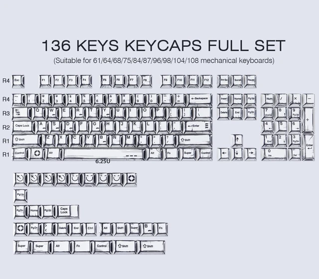 Alt view image 2 of 7 - Heykit PBT Keycaps - Japanese Manga Theme Keycaps for 60%, 65%, 75%, 100% Keyboard, 131 Keys Dye-Sub Custom Cherry Profile Keycap, Minimalist Style Key Caps for Cherry MX Mechanical Keyboard, White