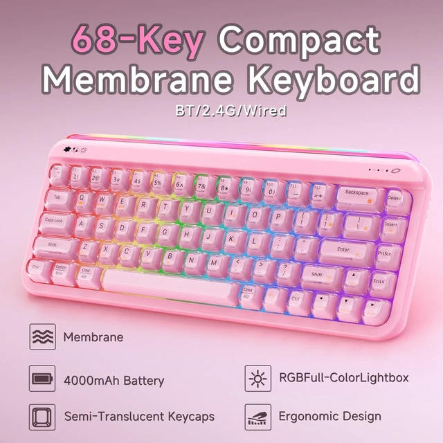 Alt view image 2 of 7 - AJAZZ AF68 Wireless Membrane Keyboard, 68% Layout 68-Key Gaming Keyboard, 2.4 GHz/Type-C/BT, RGB Lighting Effects with Integrated Side Light Bar, 4000mAh Battery, Translucent Keycaps