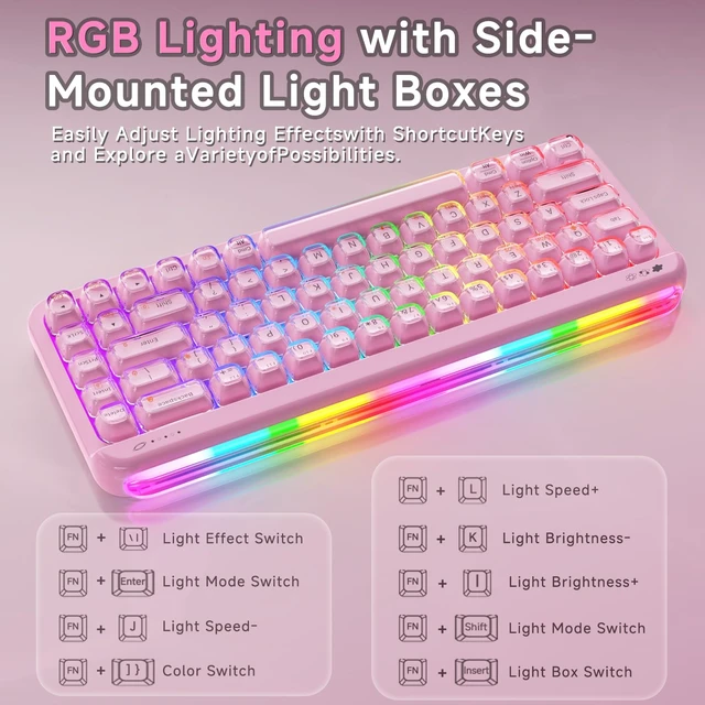 Alt view image 5 of 7 - AJAZZ AF68 Wireless Membrane Keyboard, 68% Layout 68-Key Gaming Keyboard, 2.4 GHz/Type-C/BT, RGB Lighting Effects with Integrated Side Light Bar, 4000mAh Battery, Translucent Keycaps