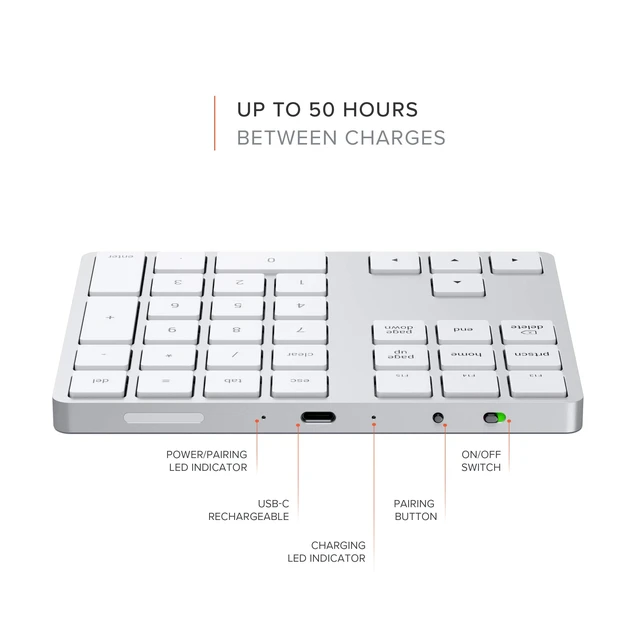 Alt view image 3 of 6 - Satechi Bluetooth Extended Numeric Keypad, Rechargeable 34-Key, Silver | U.S. English layout, compatible with MacBook Air/Pro/Neo, iPad Air/Pro, Mac Mini, iMac