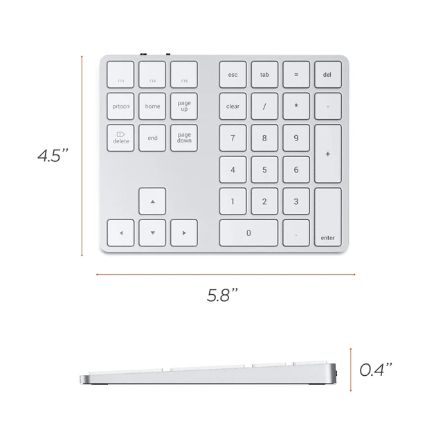Alt view image 5 of 6 - Satechi Bluetooth Extended Numeric Keypad, Rechargeable 34-Key, Silver | U.S. English layout, compatible with MacBook Air/Pro/Neo, iPad Air/Pro, Mac Mini, iMac