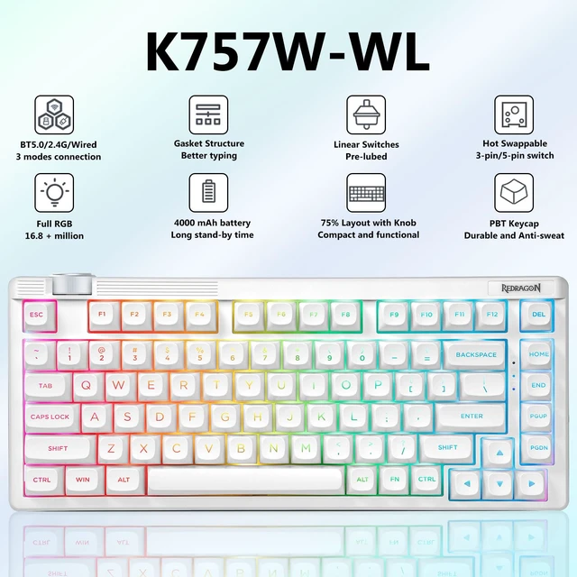 Alt view image 2 of 7 - Redragon Wireless Mechanical Keyboard Creamy, Custom 75% Design, White | Bluetooth/2.4GHz/USB-C Wired, Hot Swappable Linear Switches, Gaming Keyboard with Knob, RGB Backlit, Pre-lubed, PBT Keycaps