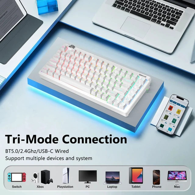 Alt view image 3 of 7 - Redragon Wireless Mechanical Keyboard Creamy, Custom 75% Design, White | Bluetooth/2.4GHz/USB-C Wired, Hot Swappable Linear Switches, Gaming Keyboard with Knob, RGB Backlit, Pre-lubed, PBT Keycaps