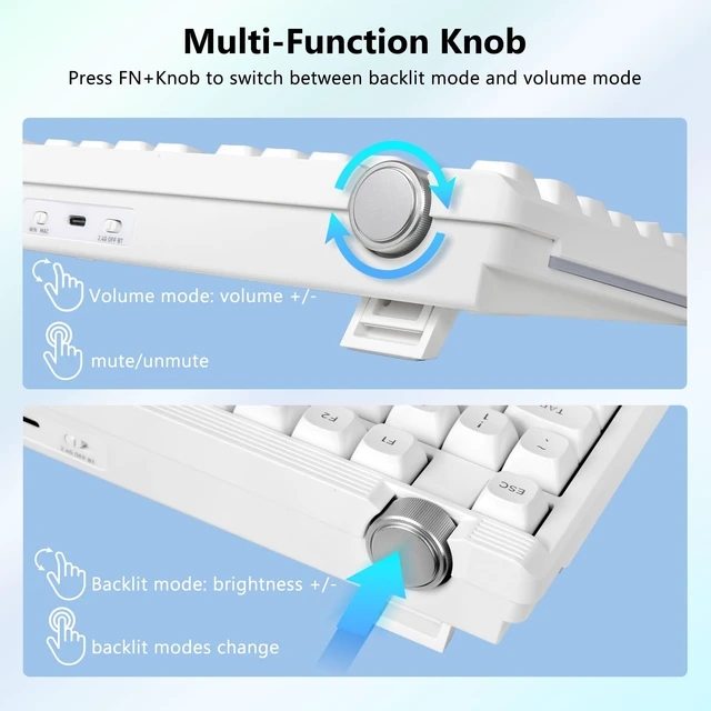Alt view image 5 of 7 - Redragon Wireless Mechanical Keyboard Creamy, Custom 75% Design, White | Bluetooth/2.4GHz/USB-C Wired, Hot Swappable Linear Switches, Gaming Keyboard with Knob, RGB Backlit, Pre-lubed, PBT Keycaps