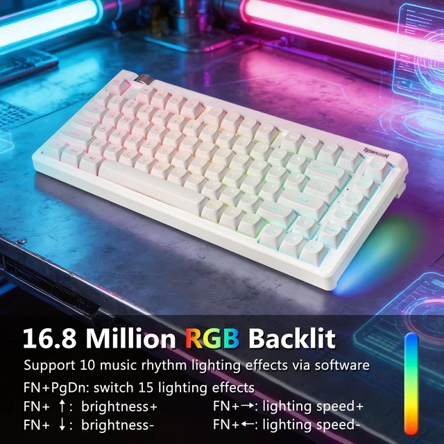 Alt view image 6 of 7 - Redragon Wireless Mechanical Keyboard Creamy, Custom 75% Design, White | Bluetooth/2.4GHz/USB-C Wired, Hot Swappable Linear Switches, Gaming Keyboard with Knob, RGB Backlit, Pre-lubed, PBT Keycaps