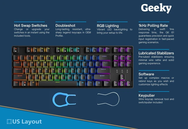 Alt view image 2 of 7 - Geeky GK80 Tenkeyless | Hot Swappable Mechanical Gaming Keyboard | 87 Keys Multi Color RGB LED Backlit for PC/Mac Gamer | ANSI US American Layout (Black, Mechanical Blue)