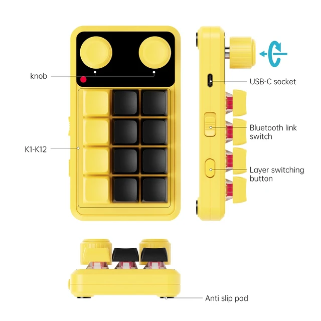 Alt view image 6 of 6 - BRIMFORD Mini Programmable Keyboard, One Handed Gaming Custom Keyboard Multifunction 12 Keys 2 Knobs Suitable for Office Gaming Lab, Compatible with Mac OS,Windows (Yellow)
