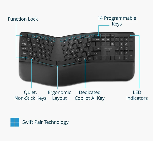 Alt view image 3 of 7 - Kensington Pro Fit Ergo KB680 EQ Wireless Keyboard, Bluetooth & 2.4GHz Connection, Rechargeable, Ergonomic Design, Split-Keyboard (K72485NA)