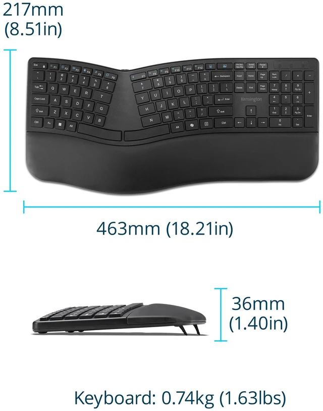 Alt view image 7 of 7 - Kensington Pro Fit Ergo KB680 EQ Wireless Keyboard, Bluetooth & 2.4GHz Connection, Rechargeable, Ergonomic Design, Split-Keyboard (K72485NA)