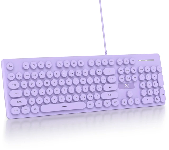 Main image of iRoboosta Quiet Keyboard Wired Membrane Keyboard Purple, Full Size 104 Keys Typewriter Key Board with Number Pad, White LED Backlit, Round Keycaps, Cute Computer Keyboards (Purple)