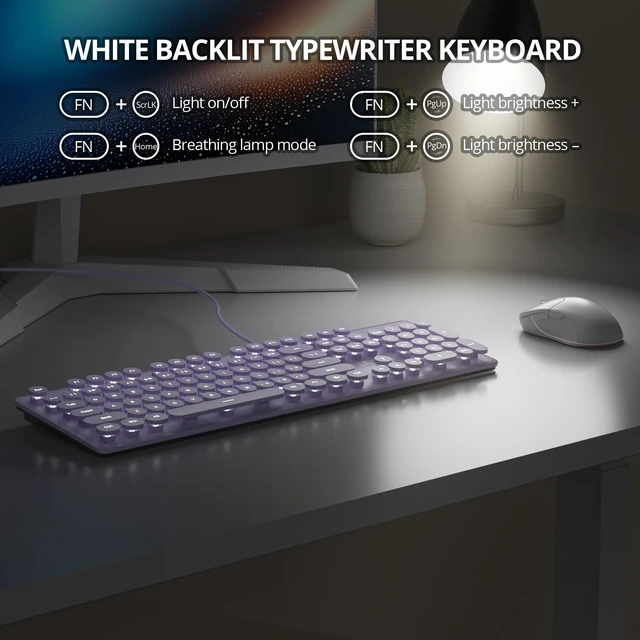 Alt view image 2 of 7 - iRoboosta Quiet Keyboard Wired Membrane Keyboard Purple, Full Size 104 Keys Typewriter Key Board with Number Pad, White LED Backlit, Round Keycaps, Cute Computer Keyboards (Purple)