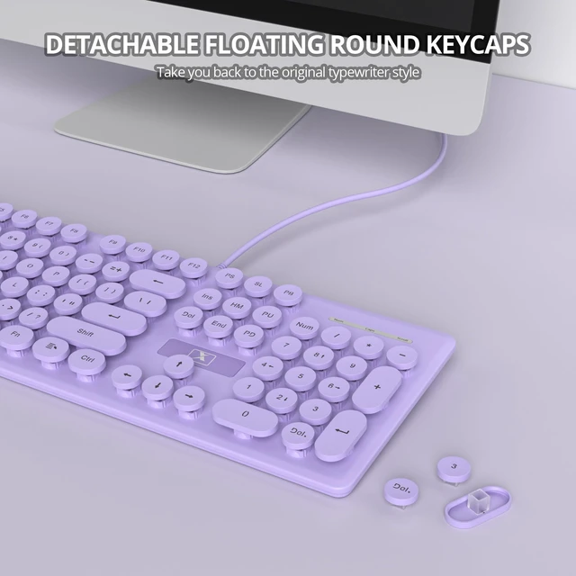 Alt view image 3 of 7 - iRoboosta Quiet Keyboard Wired Membrane Keyboard Purple, Full Size 104 Keys Typewriter Key Board with Number Pad, White LED Backlit, Round Keycaps, Cute Computer Keyboards (Purple)