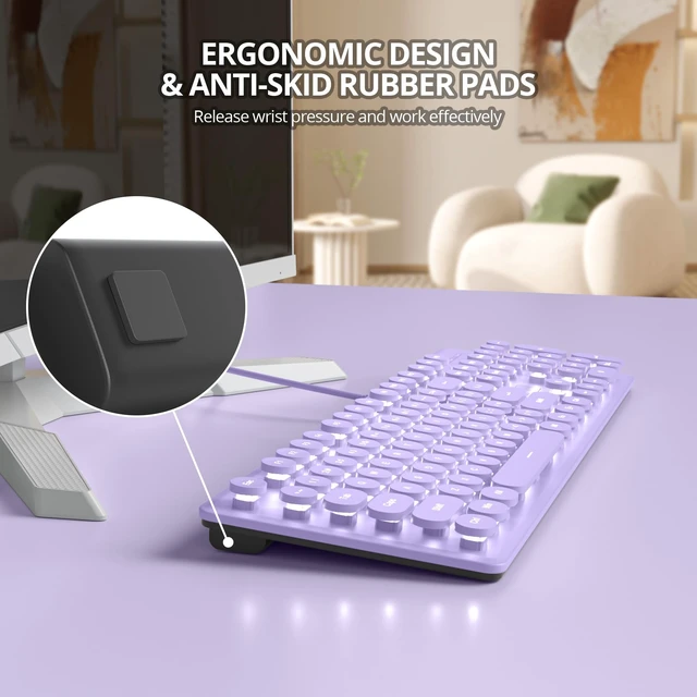 Alt view image 4 of 7 - iRoboosta Quiet Keyboard Wired Membrane Keyboard Purple, Full Size 104 Keys Typewriter Key Board with Number Pad, White LED Backlit, Round Keycaps, Cute Computer Keyboards (Purple)