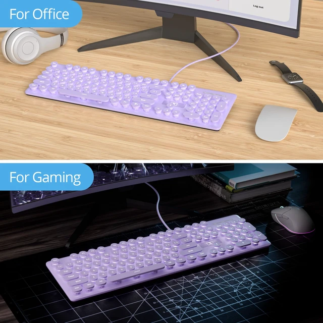 Alt view image 6 of 7 - iRoboosta Quiet Keyboard Wired Membrane Keyboard Purple, Full Size 104 Keys Typewriter Key Board with Number Pad, White LED Backlit, Round Keycaps, Cute Computer Keyboards (Purple)