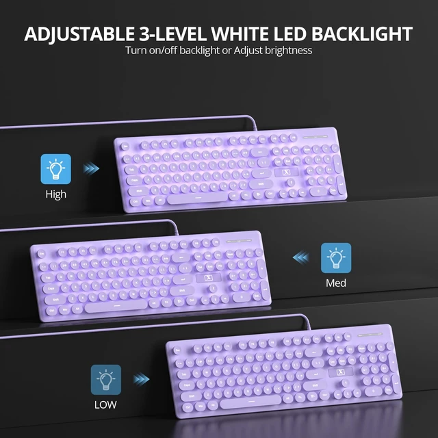 Alt view image 7 of 7 - iRoboosta Quiet Keyboard Wired Membrane Keyboard Purple, Full Size 104 Keys Typewriter Key Board with Number Pad, White LED Backlit, Round Keycaps, Cute Computer Keyboards (Purple)