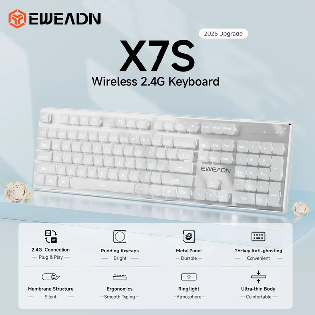 Alt view image 2 of 7 - SEUNKWANG EWEADN X7S Wireless Keyboard with White Backlit, Metal Panel, 2.4G Rechargeable Computer Keyboard Silent Light up Full Size Cute Keyboards for Win & MAC - White