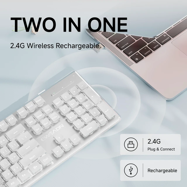 Alt view image 3 of 7 - SEUNKWANG EWEADN X7S Wireless Keyboard with White Backlit, Metal Panel, 2.4G Rechargeable Computer Keyboard Silent Light up Full Size Cute Keyboards for Win & MAC - White
