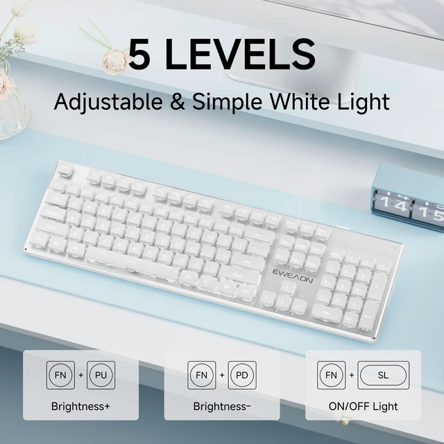 Alt view image 4 of 7 - SEUNKWANG EWEADN X7S Wireless Keyboard with White Backlit, Metal Panel, 2.4G Rechargeable Computer Keyboard Silent Light up Full Size Cute Keyboards for Win & MAC - White