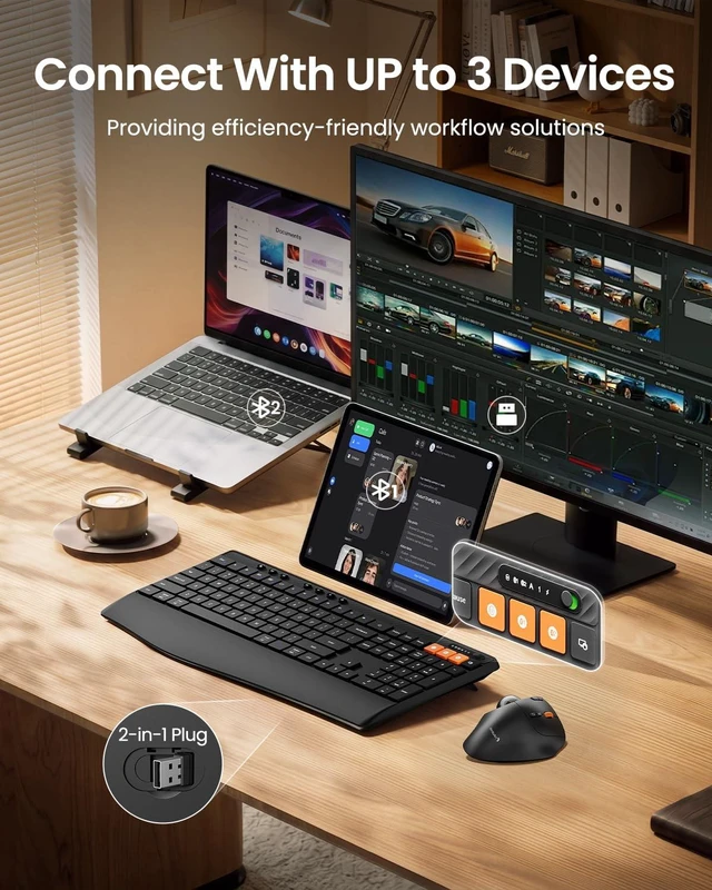Alt view image 2 of 7 - ProtoArc K40 Wireless Bluetooth Keyboard with Ergonomic Wrist Rest, Black | Multi Device Keyboard with 7 Dedicated Multimedia Hotkeys, Dual Bluetooth & 2.4G, Rechargeable, Quiet Typing, Windows/Mac